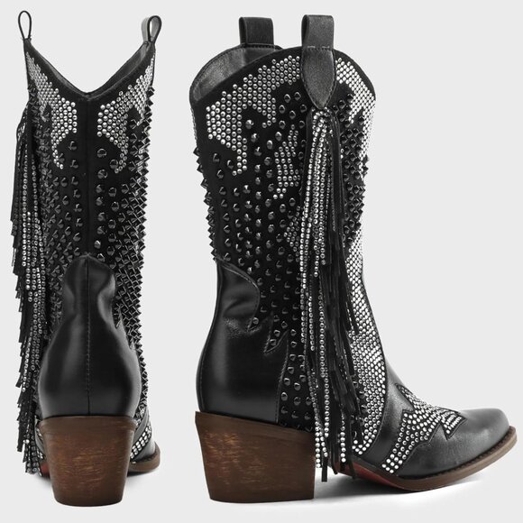 ⚡Women's Black Pointed Toe Rhinestone Boots Chunky Heel Rivet Western Ankle Boot - Picture 3 of 6